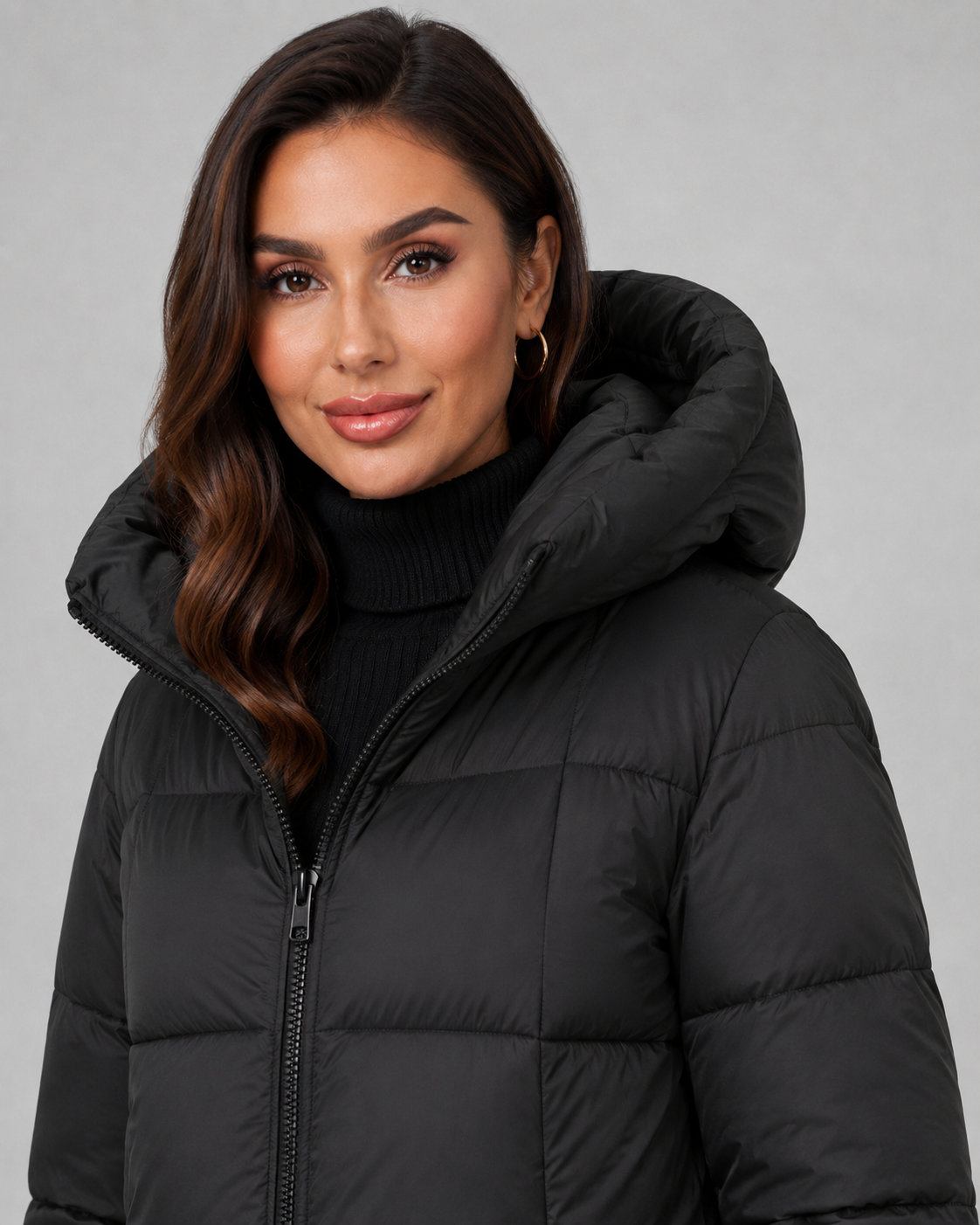 Women's Quilted Puffer Coat Knee Length Hooded Zip Front