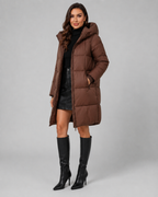 Women's Quilted Puffer Coat Knee Length Hooded Zip Front