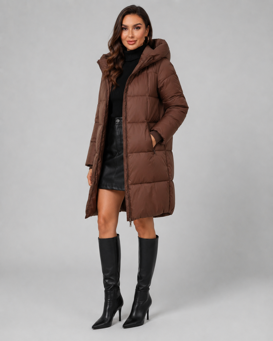 Women's Quilted Puffer Coat Knee Length Hooded Zip Front