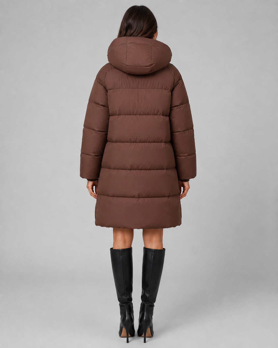 Women's Quilted Puffer Coat Knee Length Hooded Zip Front