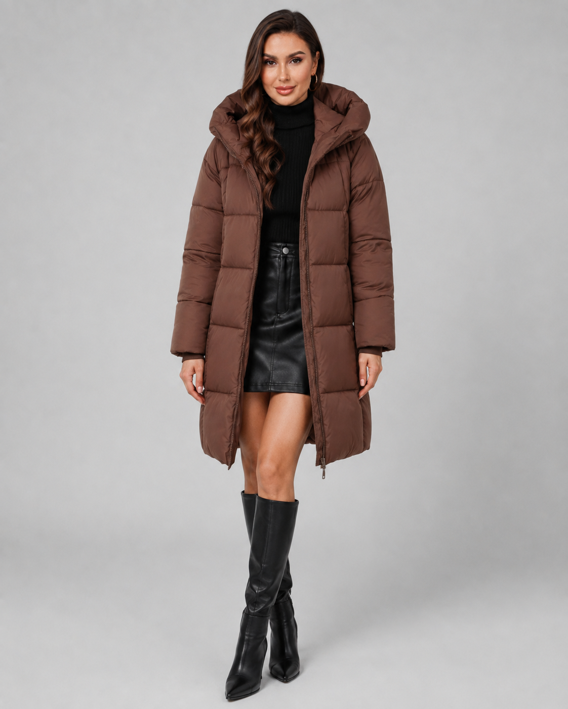 Women's Quilted Puffer Coat Knee Length Hooded Zip Front