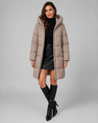 Women's Quilted Puffer Coat Knee Length Hooded Zip Front