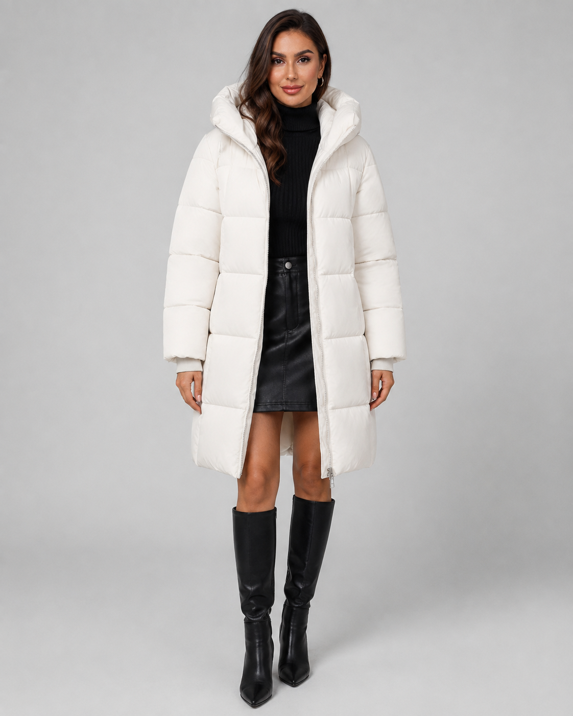 Women's Quilted Puffer Coat Knee Length Hooded Zip Front