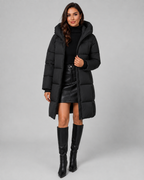 Women's Quilted Puffer Coat Knee Length Hooded Zip Front
