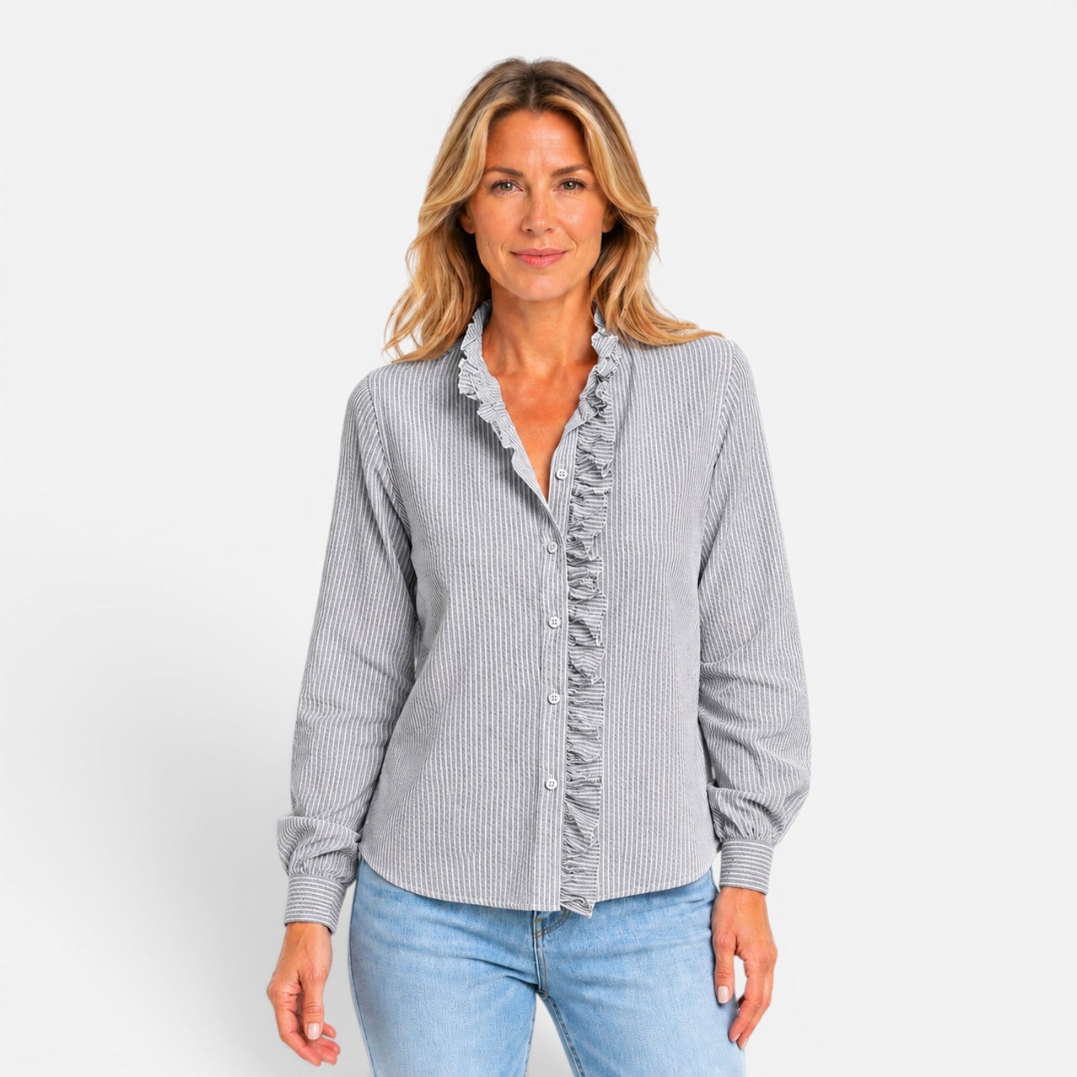 Women's Ruffle Collar Striped Blouse