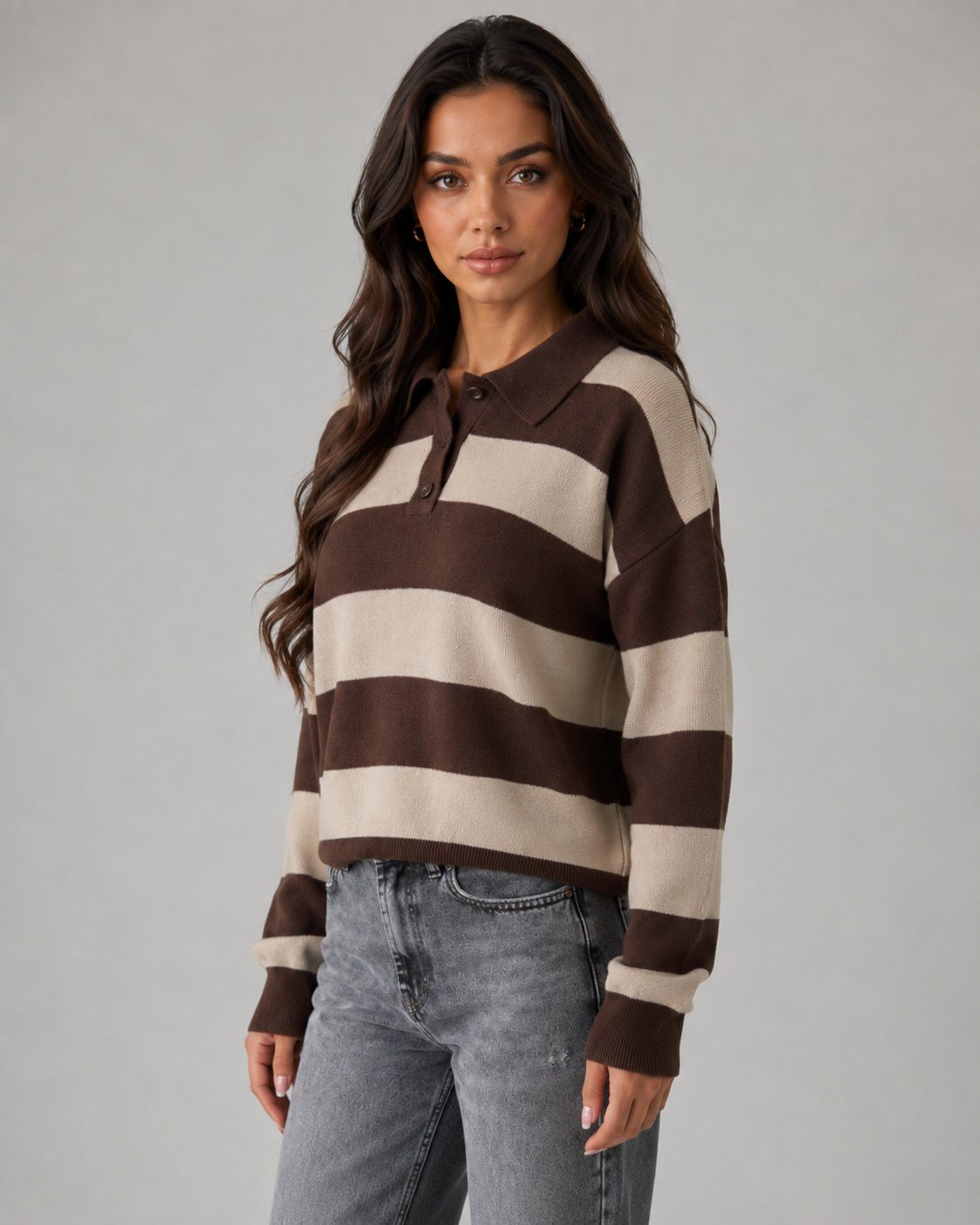Women's Rugby Stripe Button-Placket Polo Sweater