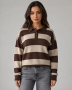 Women's Rugby Stripe Button-Placket Polo Sweater