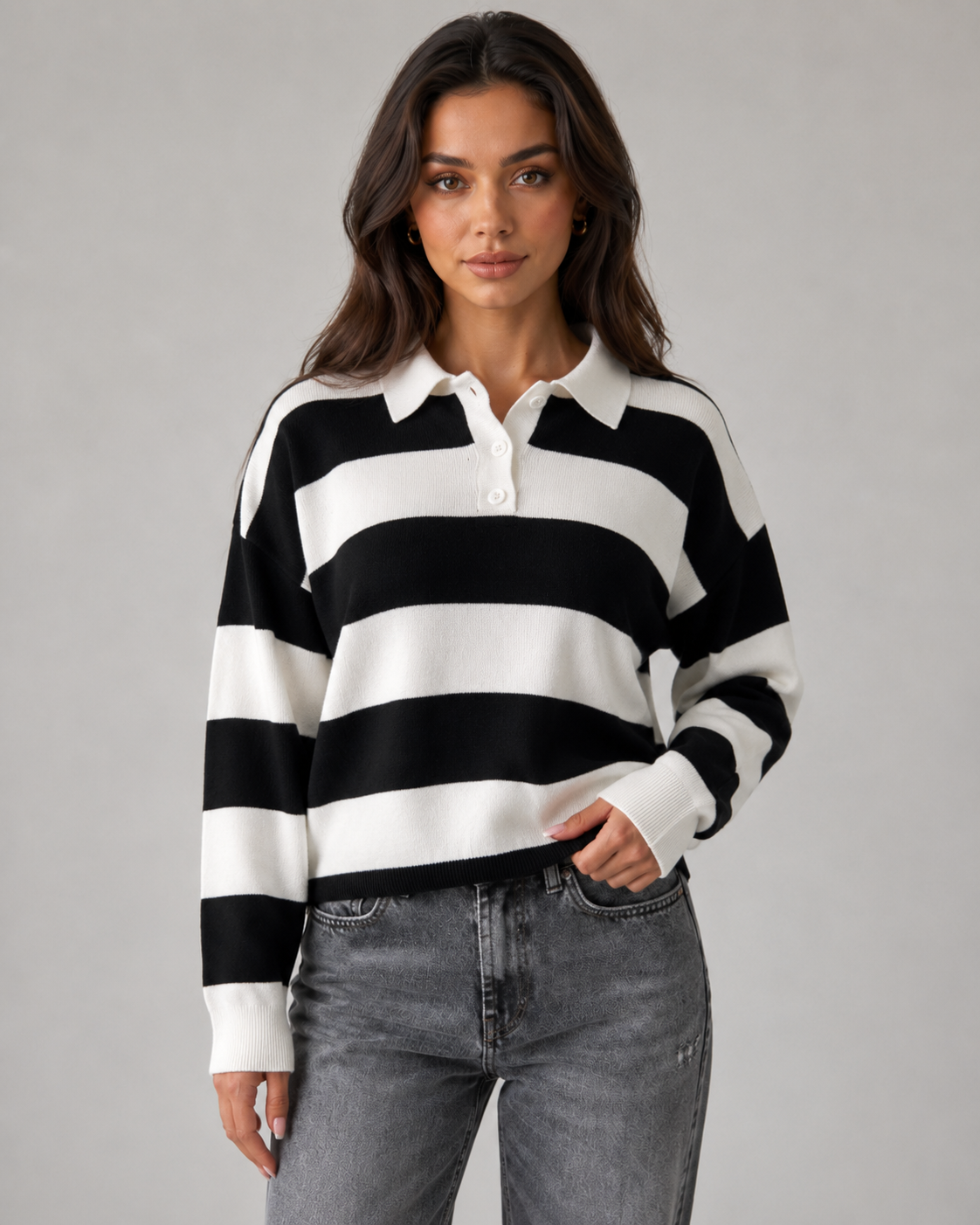 Women's Rugby Stripe Button-Placket Polo Sweater
