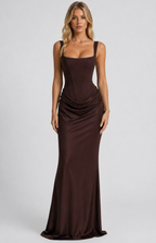 Women's Square Neck Corset Maxi Dress with Lace-Up Back