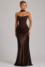 Women's Strapless Corset Satin Gown - Sweetheart Neckline