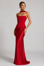 Women's Strapless Corset Satin Gown - Sweetheart Neckline