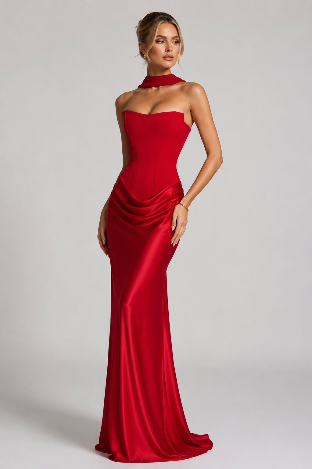 Women's Strapless Corset Satin Gown - Sweetheart Neckline