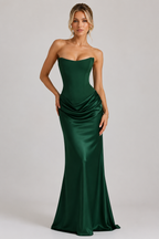 Women's Strapless Corset Satin Gown - Sweetheart Neckline