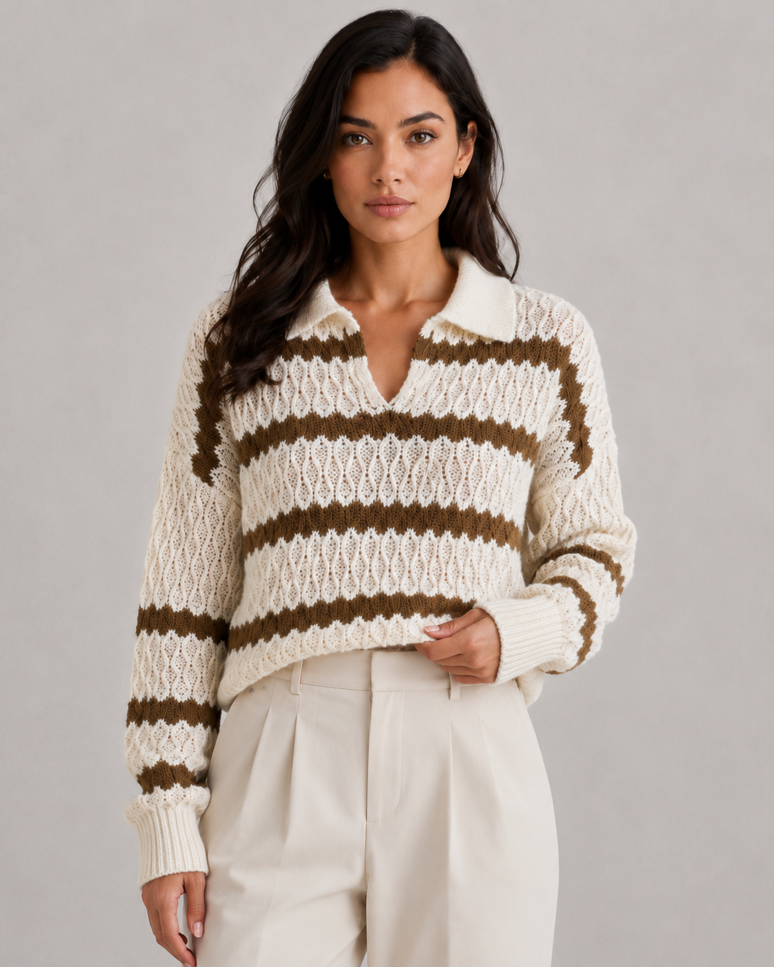 Women's Pointelle Stripe Johnny Collar Sweater