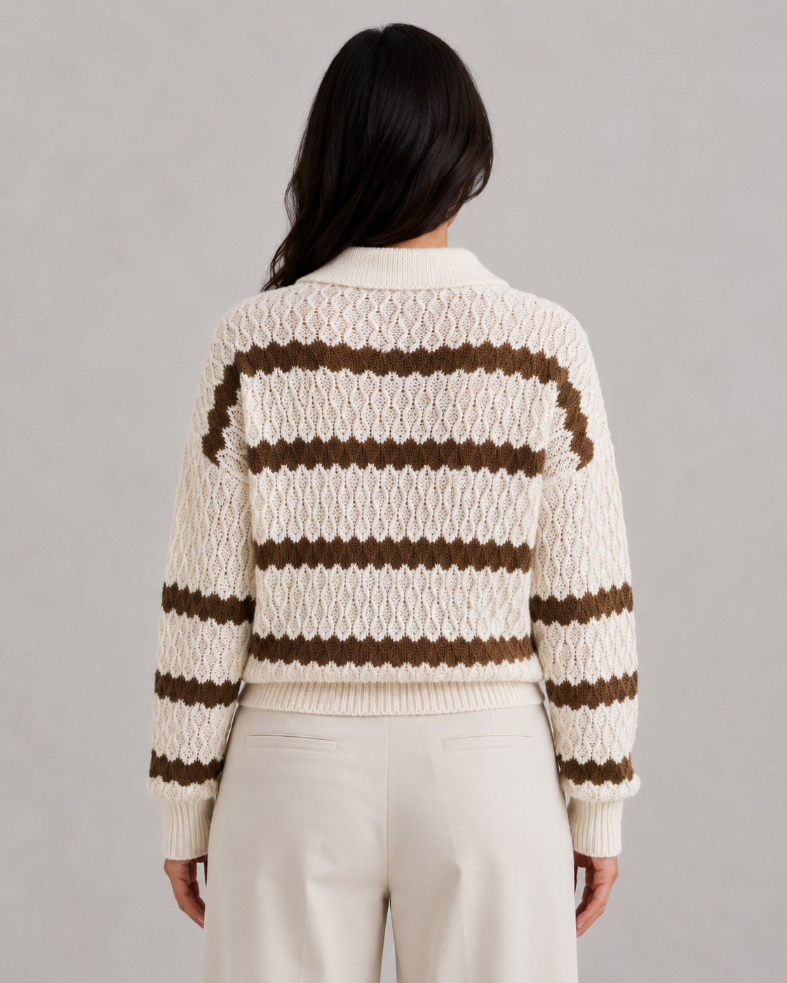 Women's Pointelle Stripe Johnny Collar Sweater