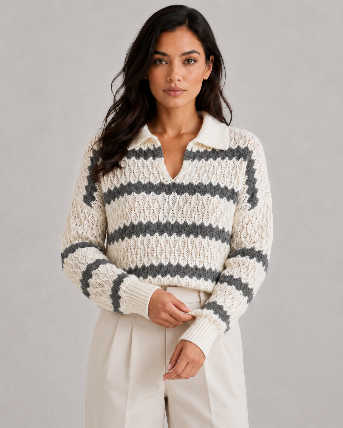 Women's Pointelle Stripe Johnny Collar Sweater