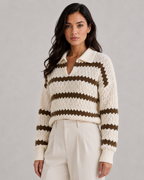 Women's Pointelle Stripe Johnny Collar Sweater