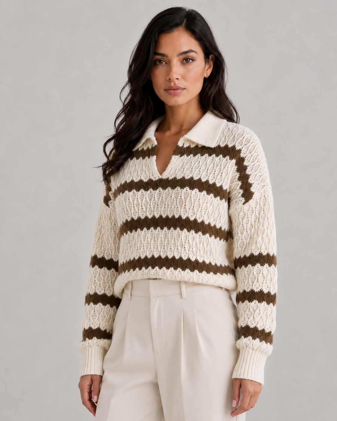 Women's Pointelle Stripe Johnny Collar Sweater