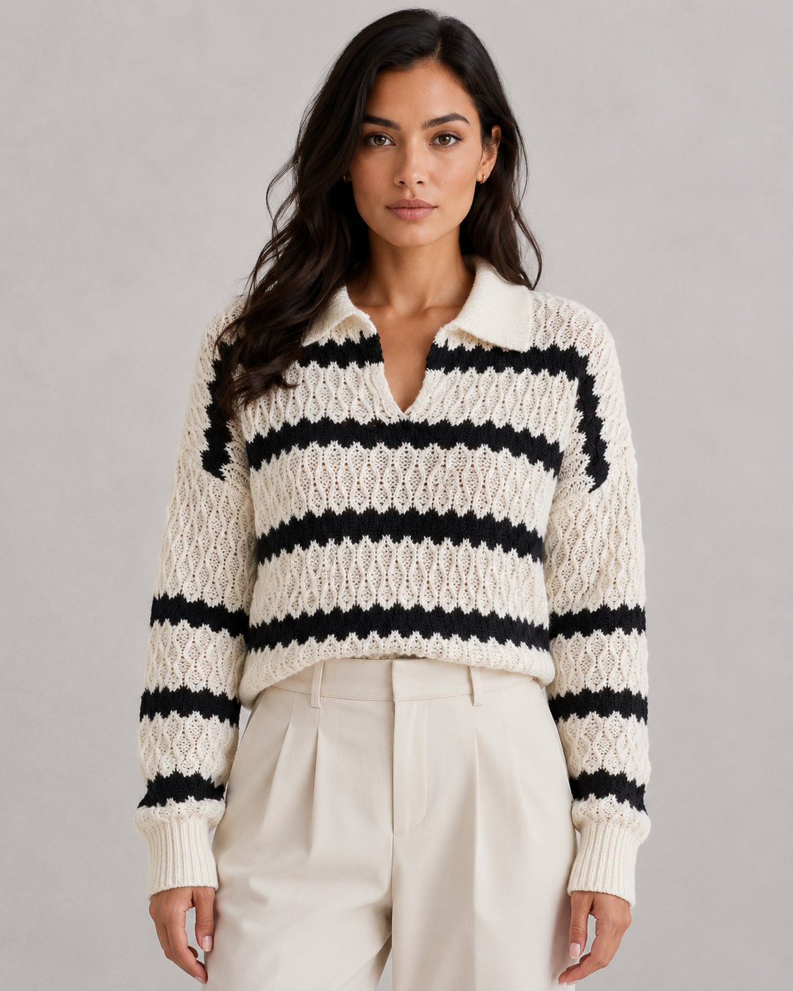 Women's Pointelle Stripe Johnny Collar Sweater