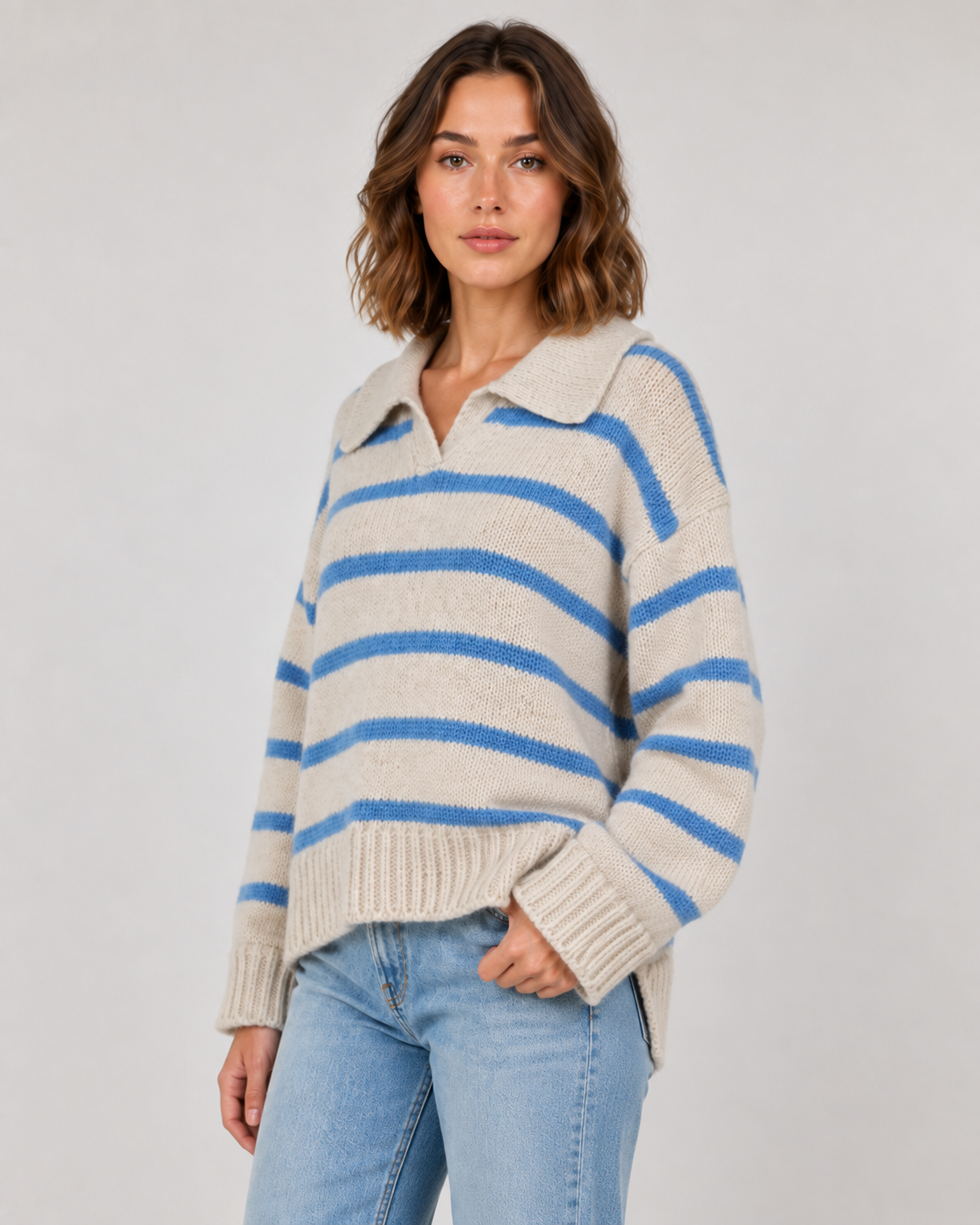 Women's Wool Stripe Polo Collar Sweater