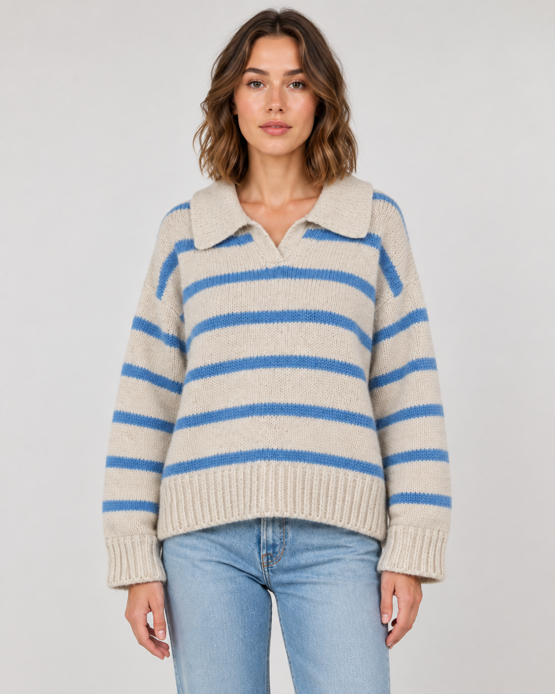 Women's Wool Stripe Polo Collar Sweater