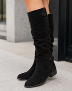 Women's Suede Knee-High Boots Low Block Heel Side Zip