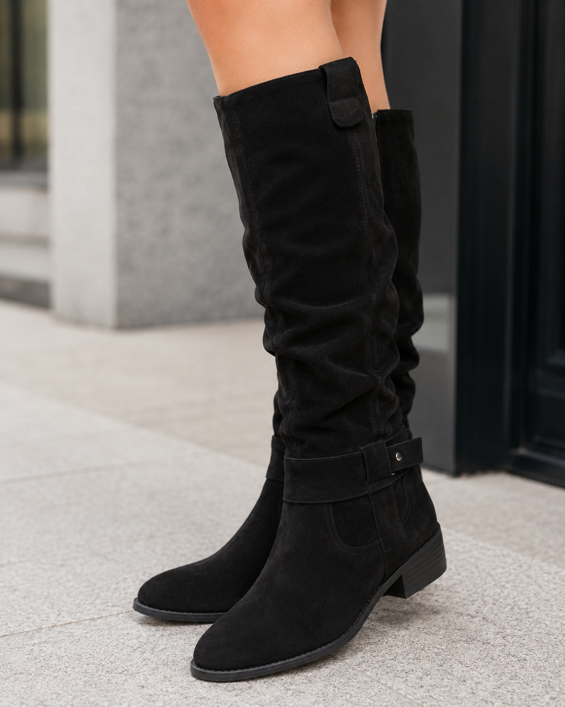 Women's Suede Knee-High Boots Low Block Heel Side Zip