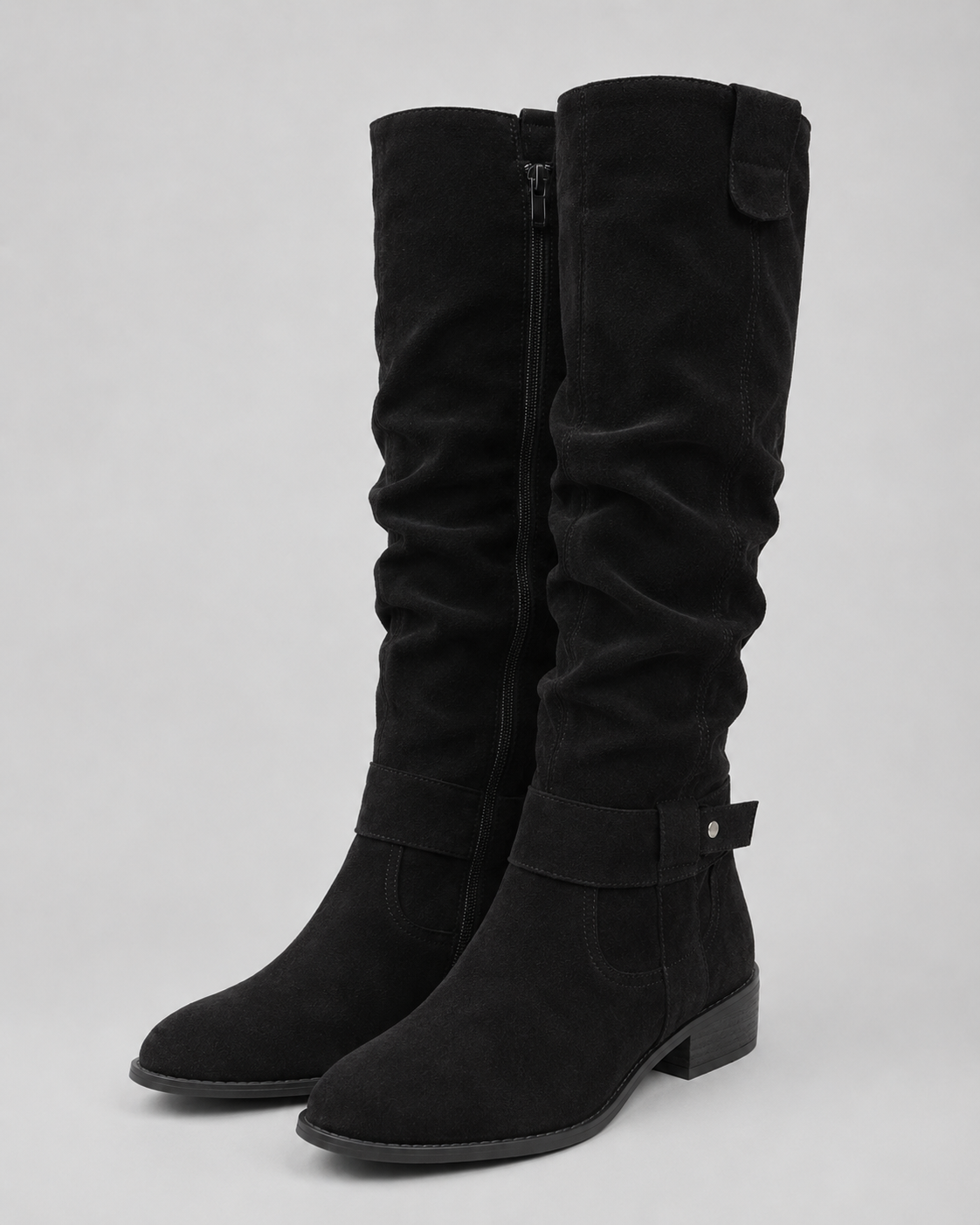 Women's Suede Knee-High Boots Low Block Heel Side Zip