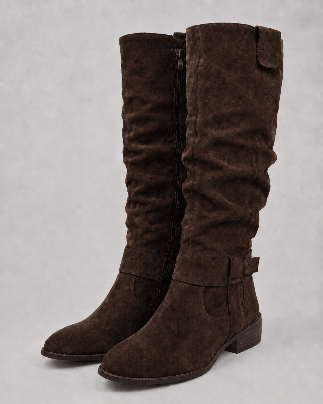 Women's Suede Knee-High Boots Low Block Heel Side Zip