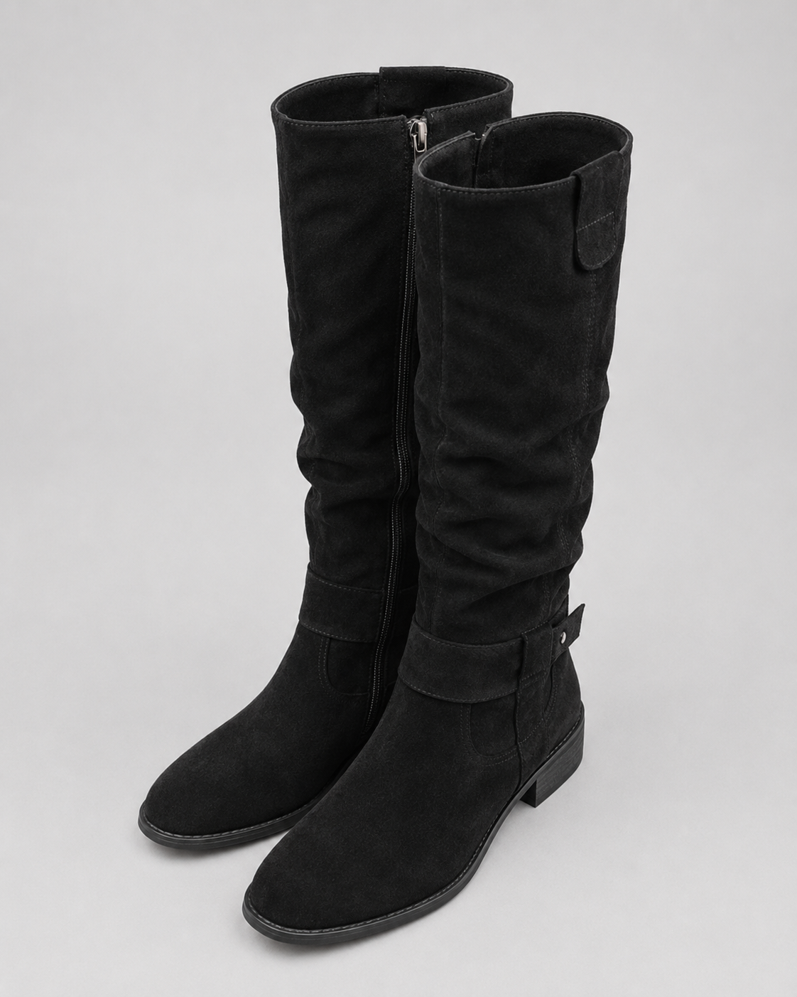 Women's Suede Knee-High Boots Low Block Heel Side Zip