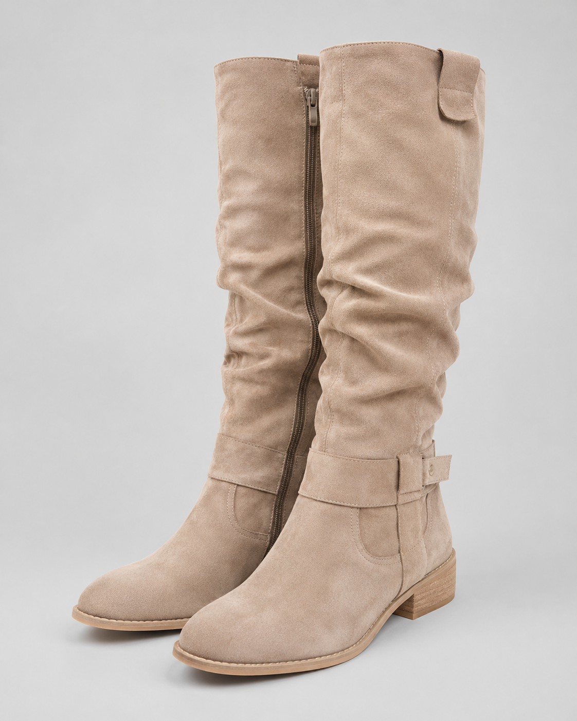 Women's Suede Knee-High Boots Low Block Heel Side Zip