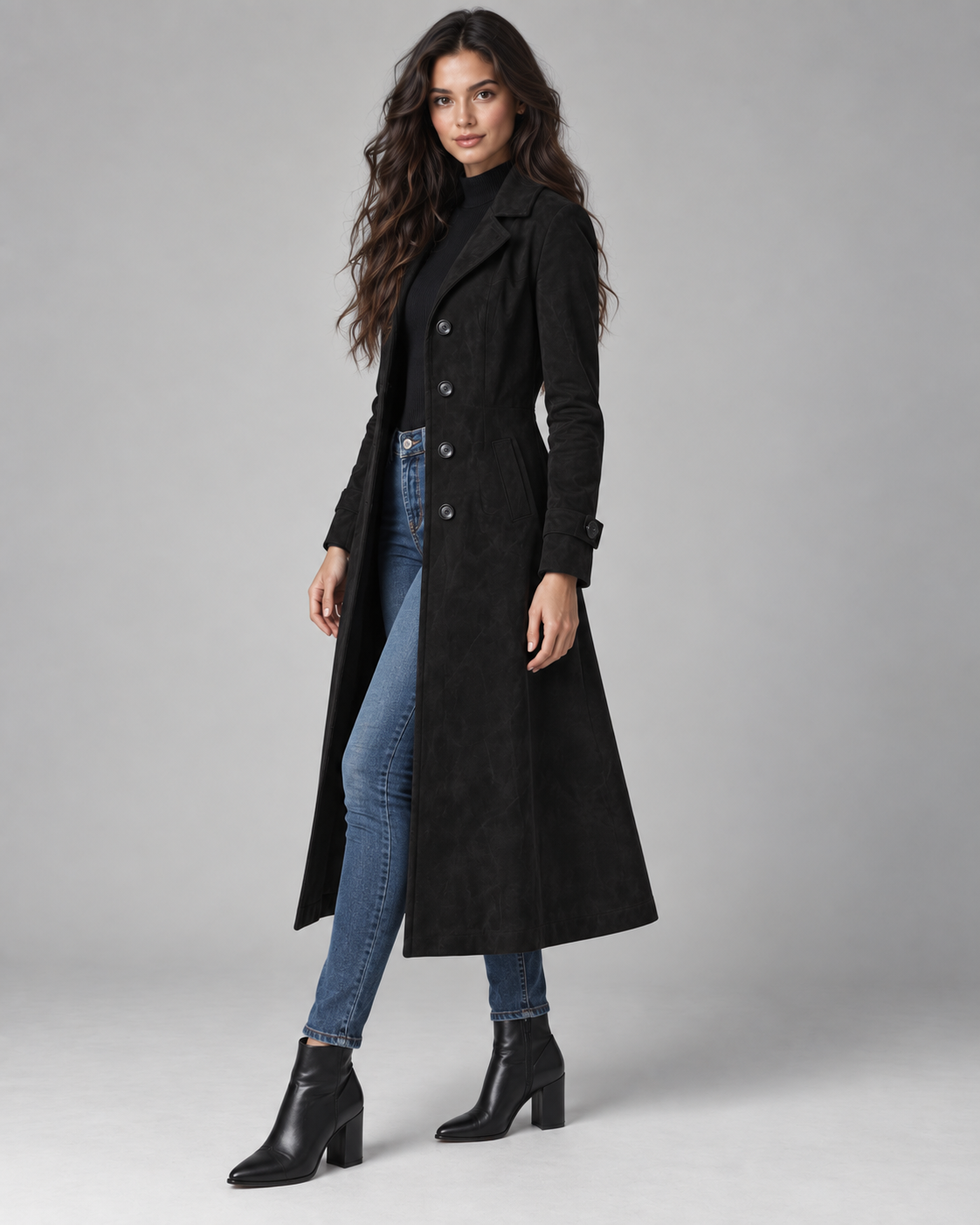 Women's Suede Long Coat - Notch Lapel Tailored Fit