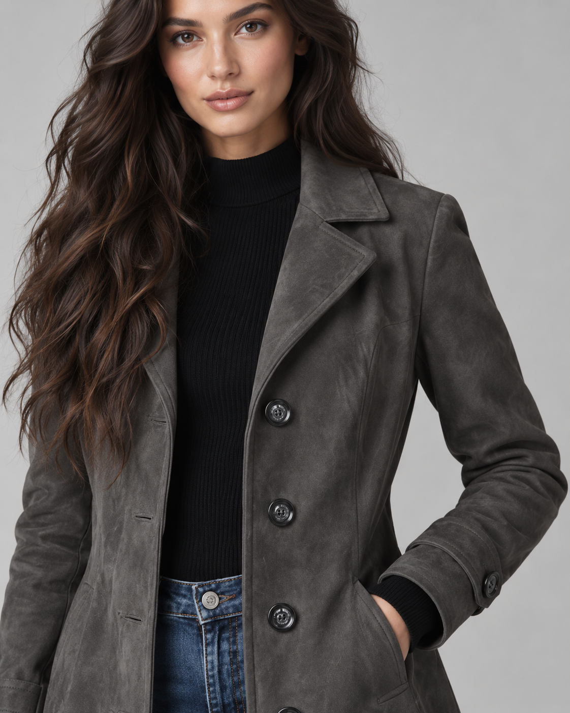 Women's Suede Long Coat - Notch Lapel Tailored Fit