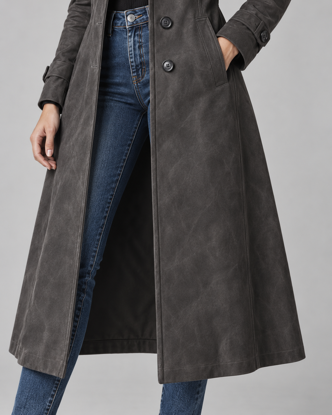 Women's Suede Long Coat - Notch Lapel Tailored Fit
