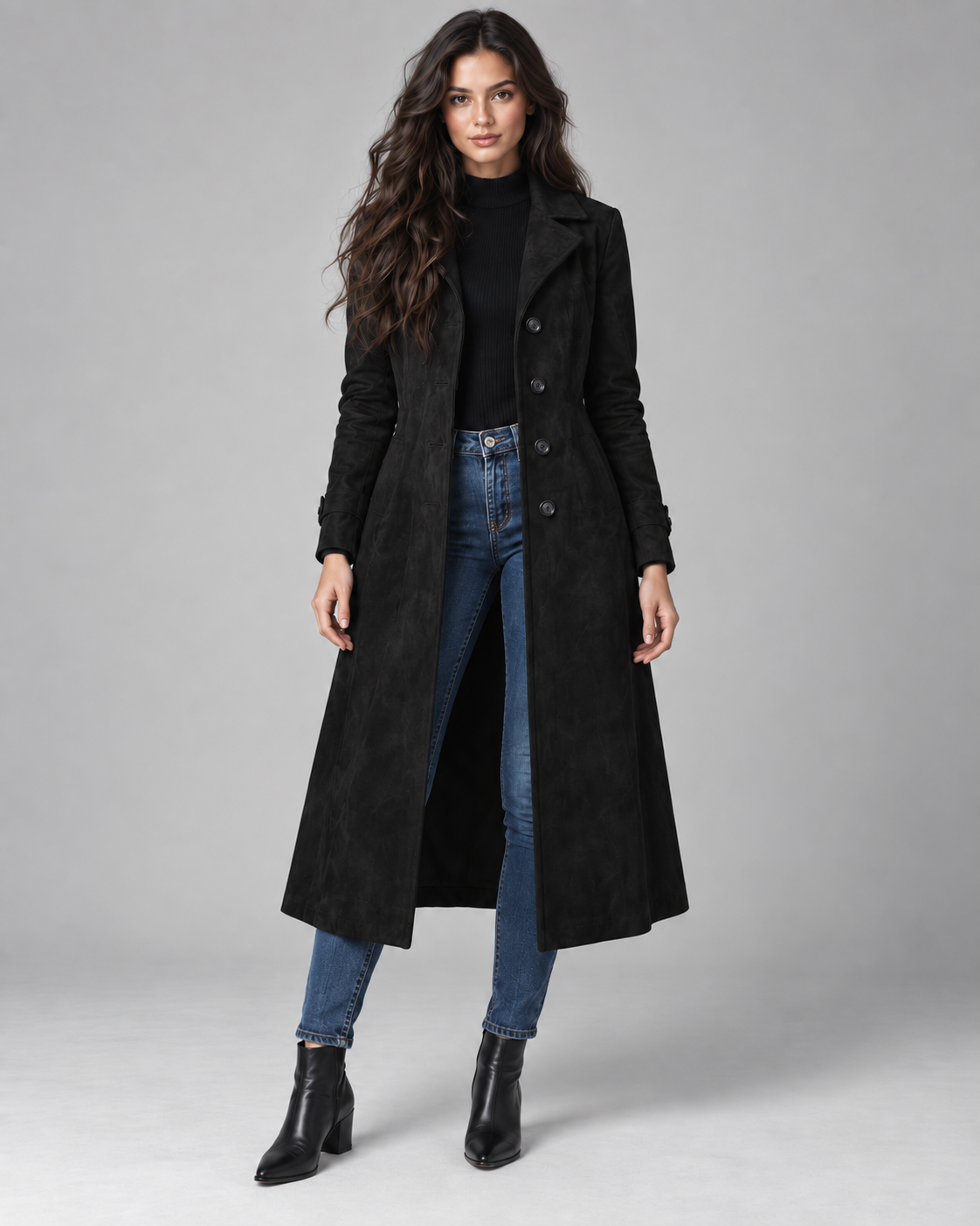 Women's Suede Long Coat - Notch Lapel Tailored Fit