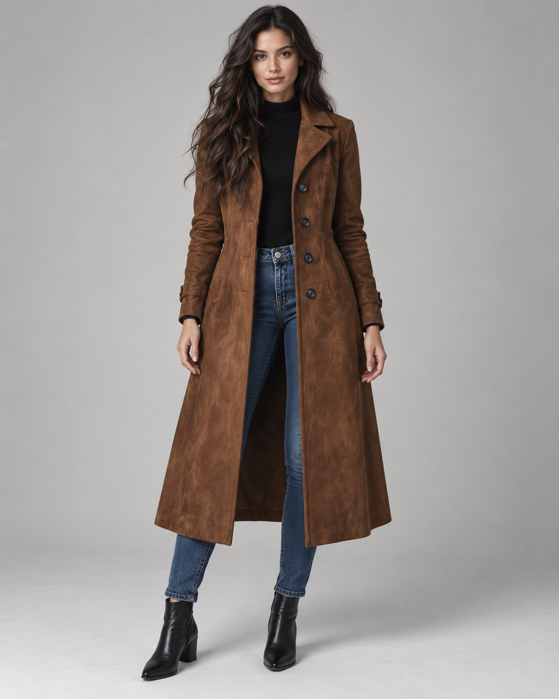 Women's Suede Long Coat - Notch Lapel Tailored Fit