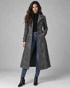 Women's Suede Long Coat - Notch Lapel Tailored Fit