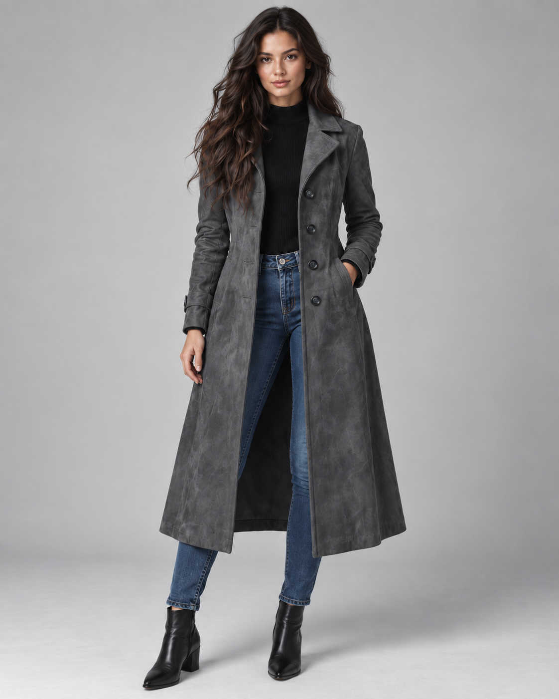 Women's Suede Long Coat - Notch Lapel Tailored Fit