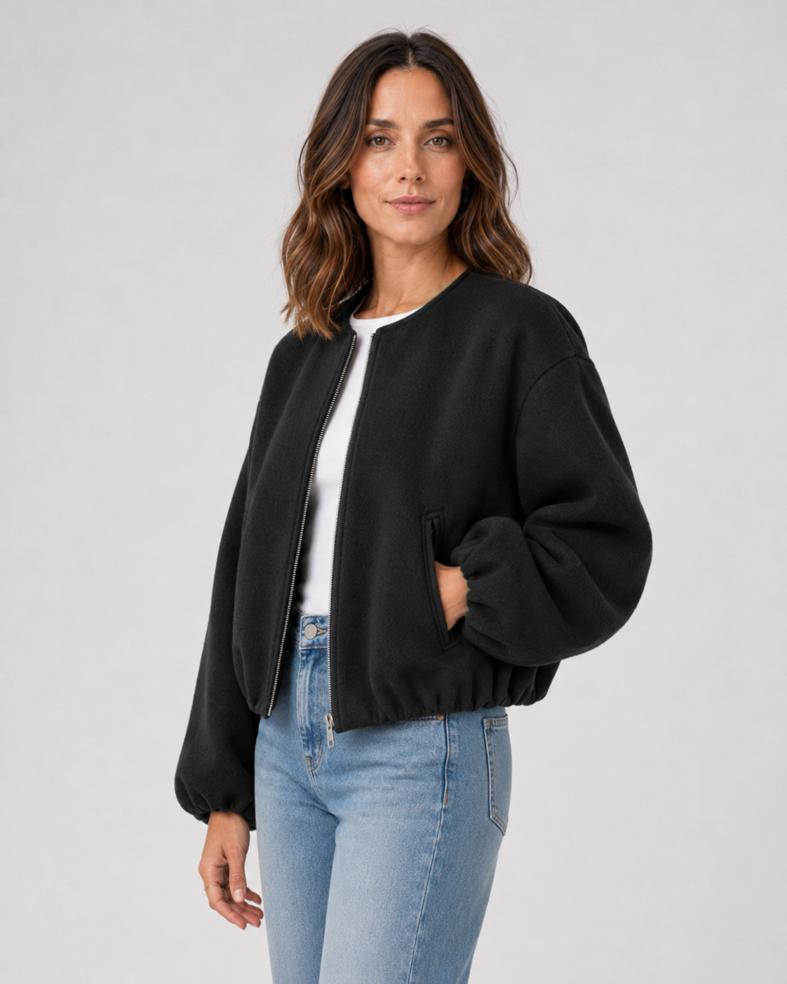Women's Cropped Wool-Blend Balloon-Sleeve Bomber