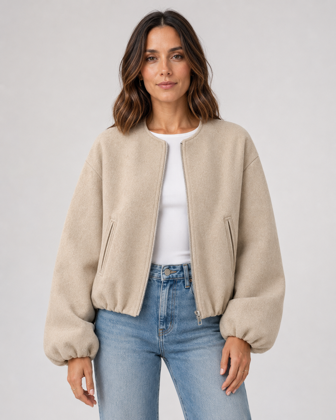 Women's Cropped Wool-Blend Balloon-Sleeve Bomber