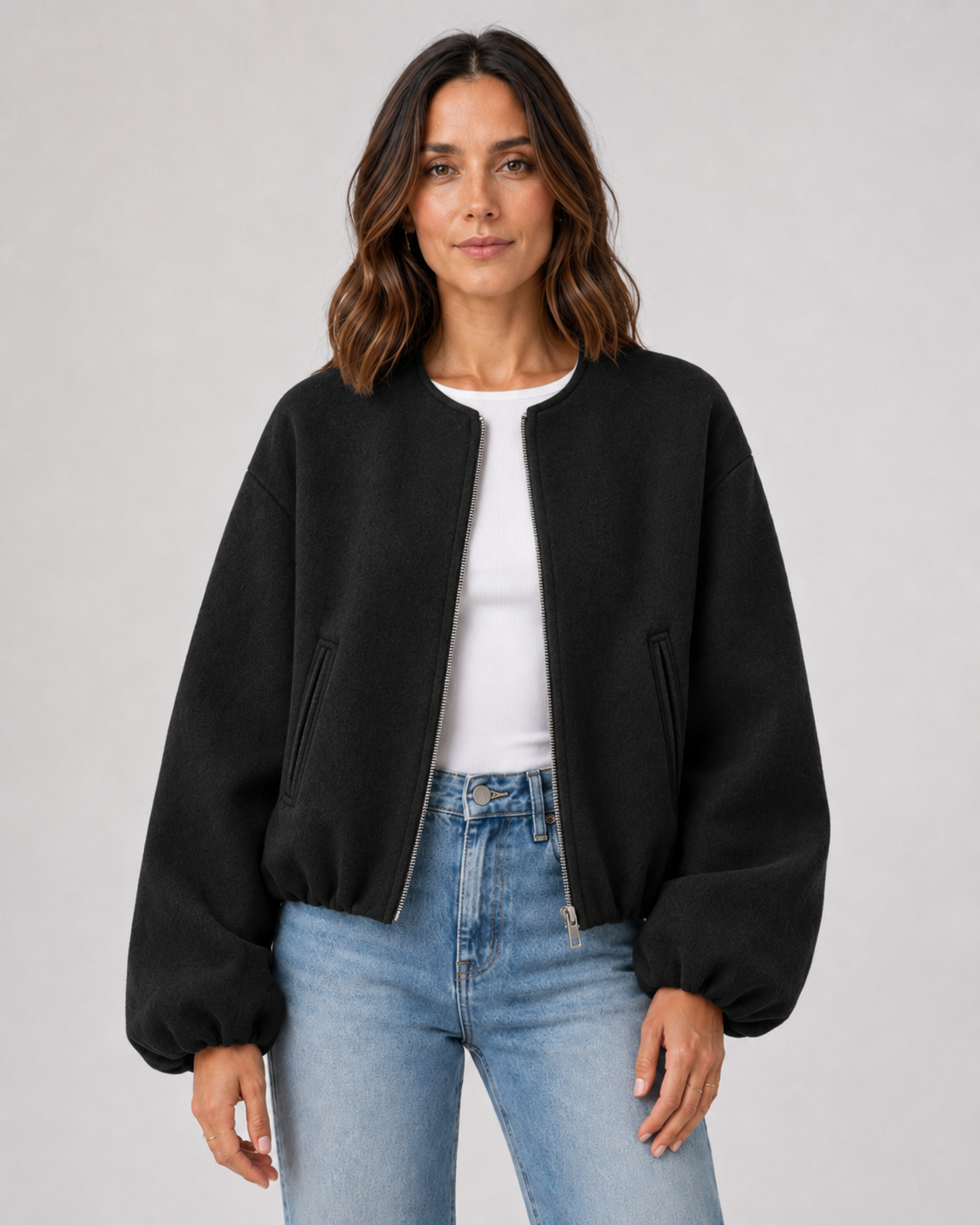 Women's Cropped Wool-Blend Balloon-Sleeve Bomber