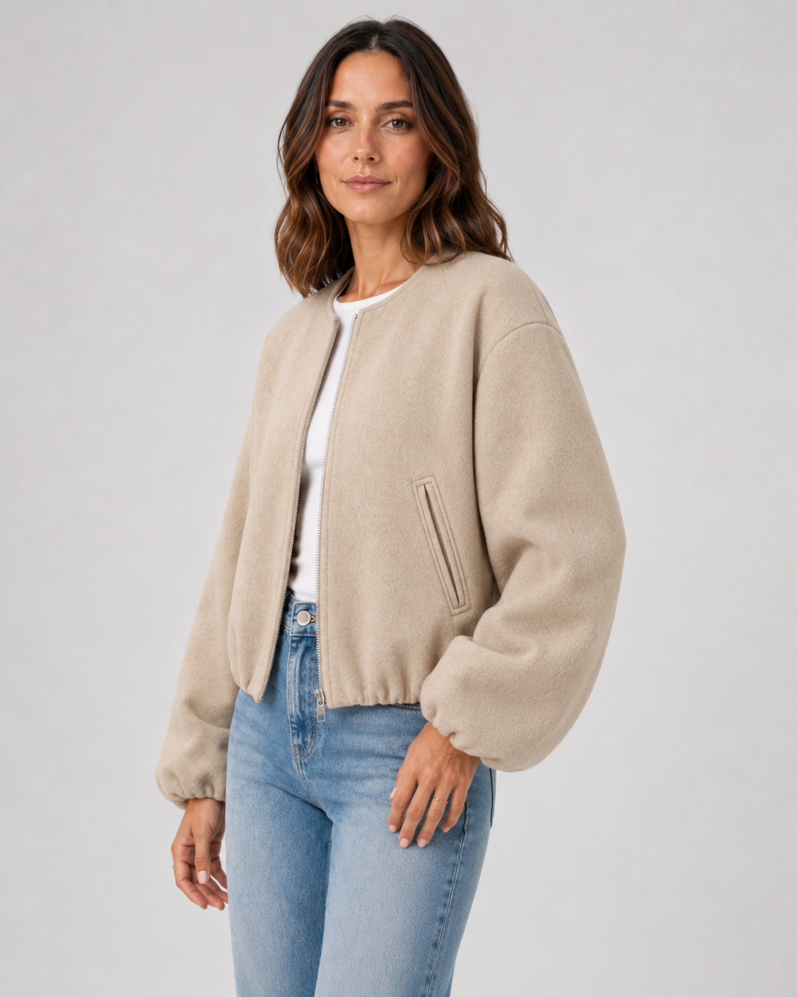 Women's Cropped Wool-Blend Balloon-Sleeve Bomber